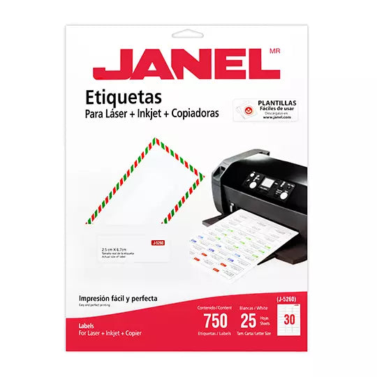 Etiqueta láser mod J-5260 blanca JANEL 2 5x67mm con 750 etiquetas