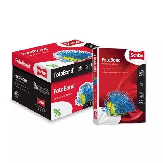 Caja de papel bond Fotobond Scribe tamañ o doble carta 95% de blancura 75gr.