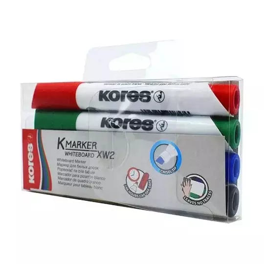 Marcador para pizarrón Kores, rojo, azul , verde y negro, con 4 piezas