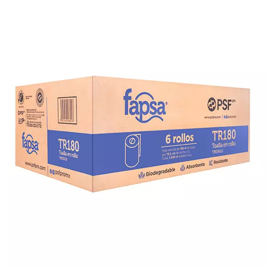 Toalla Fapsa en rollo blanca de 180 m, c aja c/ 6 bobinas