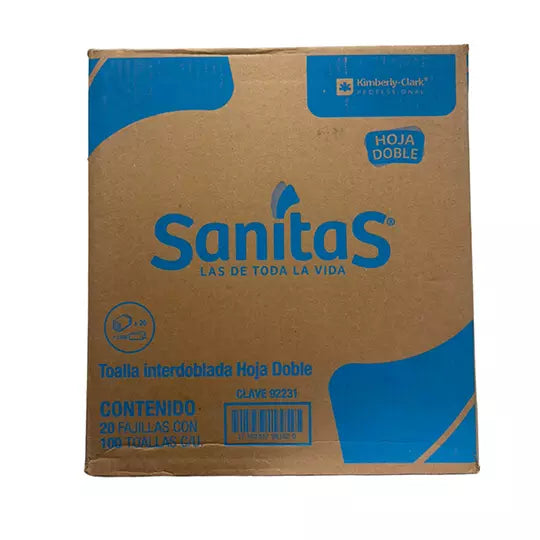 Toalla interdoblada Sanitas con 100 hjs, caja c/ 20 paq.