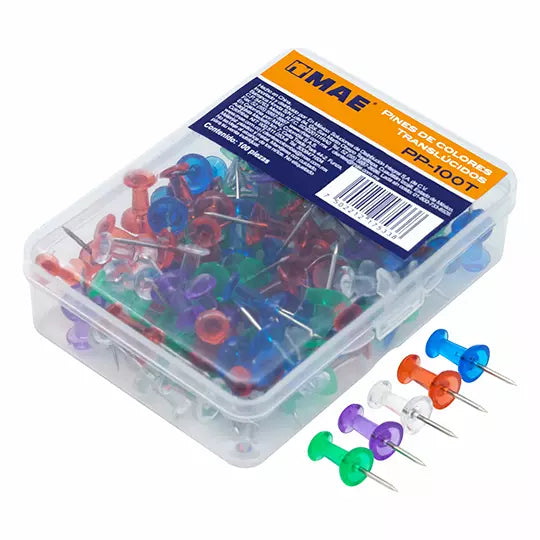 Caja de pines mae colores traslucidos co n 100 piezas