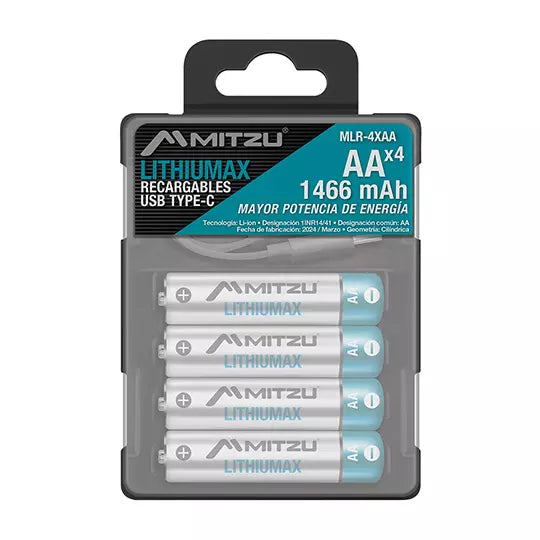 Pila recargable de litio MITZU Lithiumax AA 1.5 Vcc de 390mAh,paquete con 4pilas