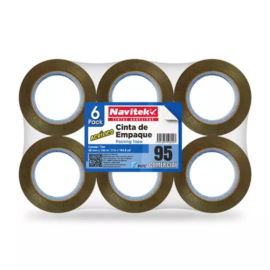 Cinta de empaque uso 95 Navitek canela 4 8 mm x 150 m empaque con 6 pzas