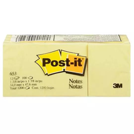 Notas adhesivas Post-It 653 amarillas 1. 5 x 2 pulgadas 12 blocks c/100 hojas
