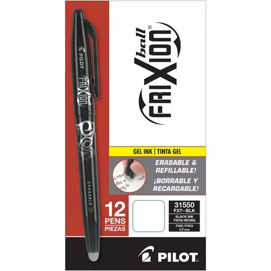 Bolígrafo fino Frixion Ball Pilot tinta gel borrable, color negro, caja c/12