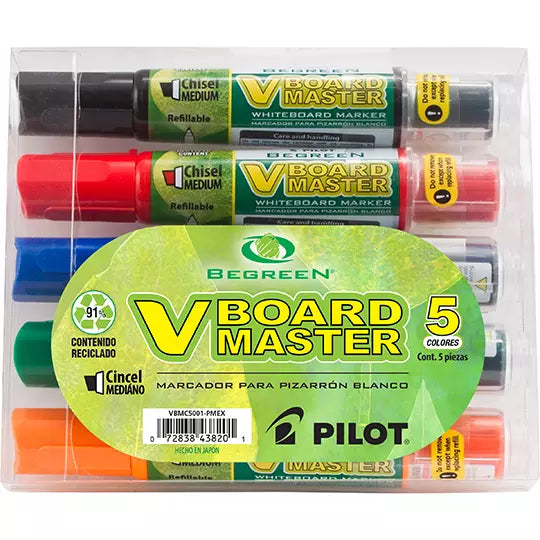 Marcador para pizarrón VBoard Pilot reca rgable punta cincel surtido c/5 pzs