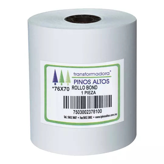 Rollo de papel bond Pinos Altos 76 x 70 mm caja con 50 rollos a granel