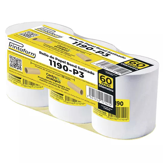 Rollo de papel Bond Printaform 57 mm x 6 0 m paquete de 3 rollos.