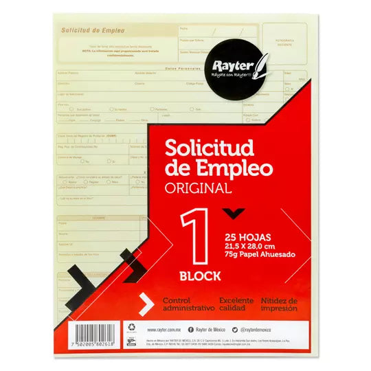 Solicitud de empleo Rayter, tamaño carta , color ahuesado, block 25 hojas