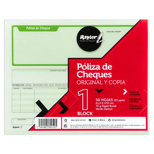 Póliza de cheque Rayter, media oficio, v erde y bond blanco, block 25 juegos