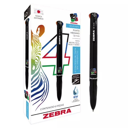 Bolígrafo retráctil ZEBRA punto mediano 1.0 mm 4 tintas caja con 6 pz