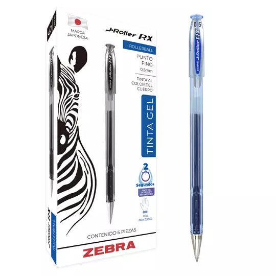 Bolígrafo de gel ZEBRA J-Roller RX punto fino 0.5 mm color azul caja con 6 pz
