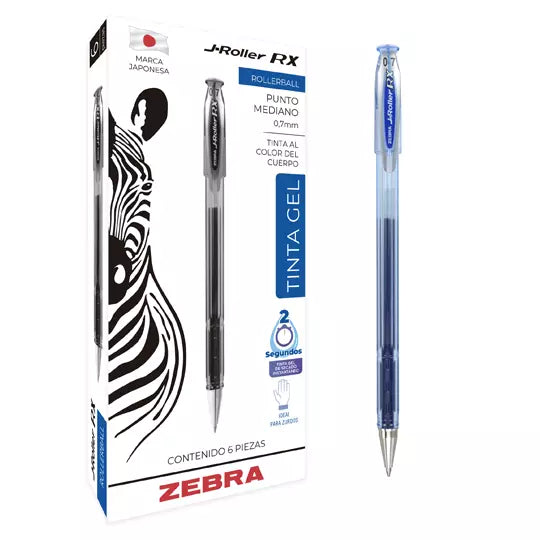 Bolígrafo de gel ZEBRA J-Roller RX punto mediano 0.7 mm color azul caja con 6 pz