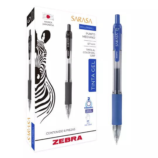 Bolígrafo de gel ZEBRA SARASA punto medi ano 0.7 mm color azul caja con 6 pz