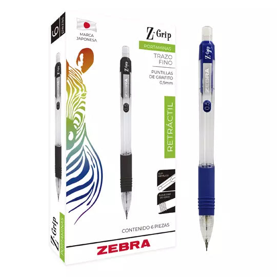 Portaminas ZEBRA Z Grip punto fino 0.5 m m color de cuerpo azul caja con 6 pz