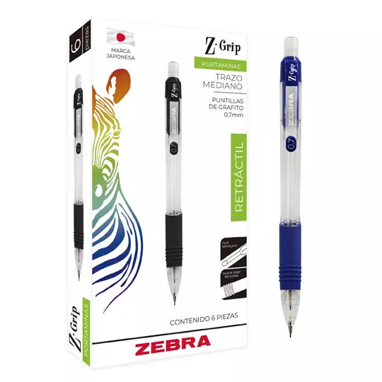 Portaminas ZEBRA Z Grip punto mediano 0. 7 mm color de cuerpo azul caja con 6 pz