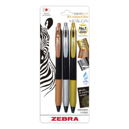 Bolígrafo Zebra DecoShine retráctil punto fino 0.5 mm tinta gel metálica colores surtidos caja c/3