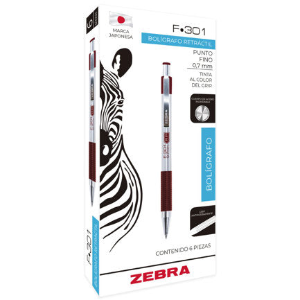 Boligrafo Zebra F-301 grip punto fino tinta vino cuerpo de acero caja c/6