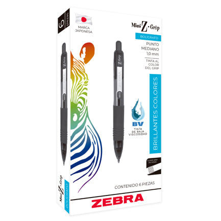 Bolígrafo Zebra Mini Z-Grip Retráctil Punto Mediano 1.0mm Color Negro C/6 Pzas