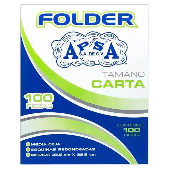 Folder verde APSA tamaño carta , paquet e con 100 piezas
