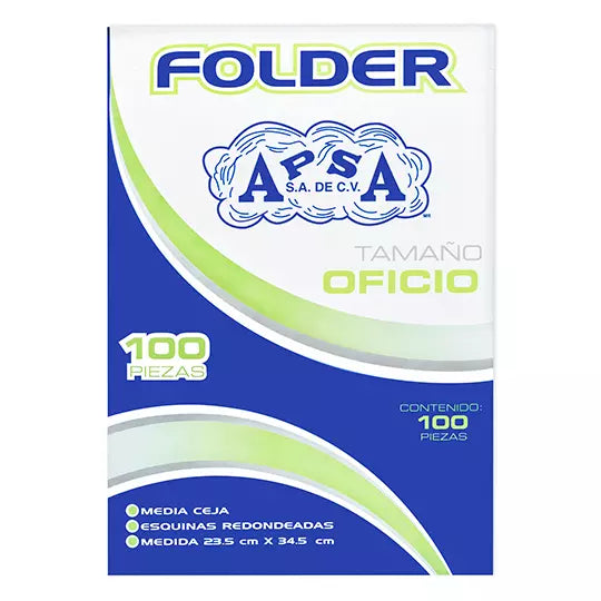Folder azul APSA tamaño oficio , paquet e con 100 piezas