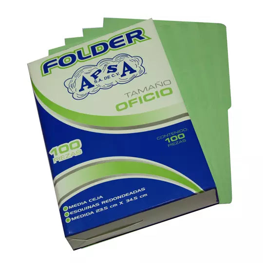 Folder verde APSA tamaño oficio , paque te con 100 piezas