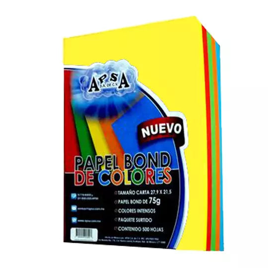 Hojas de color tamaño carta APSA colores intensos paquete con 500 hojas