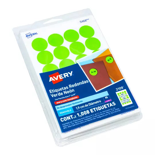 Etiqueta redonda removible verde neon AV ERY con tecnología laser/inkjet