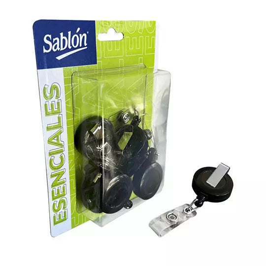 Portagafetes tipo yoyo Sablón retráctil color negro blíster con 6 pzas