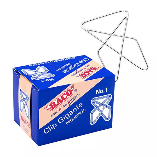 Clip BACO mariposa gigante niquelado No. 1 caja con 12 clips