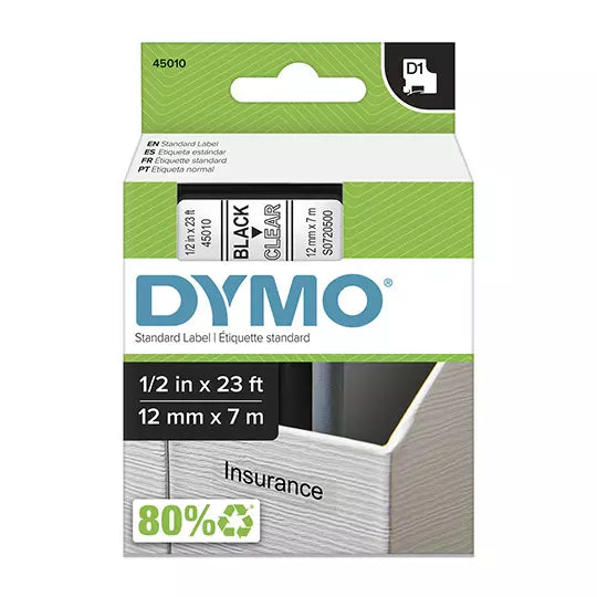 Cinta DYMO para rotulado negro con fondo transparente 12 mm x7 m 1 pieza