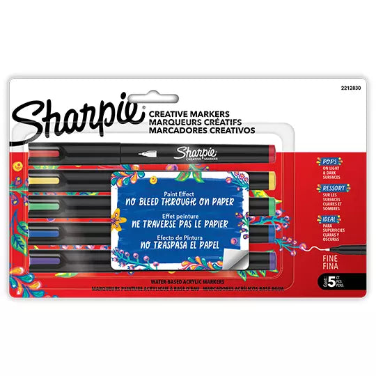 Marcadores Sharpie Acrílicos punta fina, blíster con 5 colores surtidos