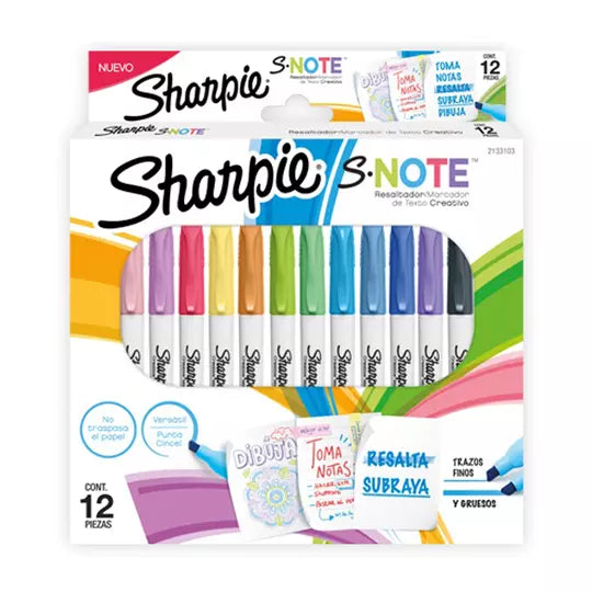 Resaltador sharpie Snote punta biselada paquete con 12 colores surtidos