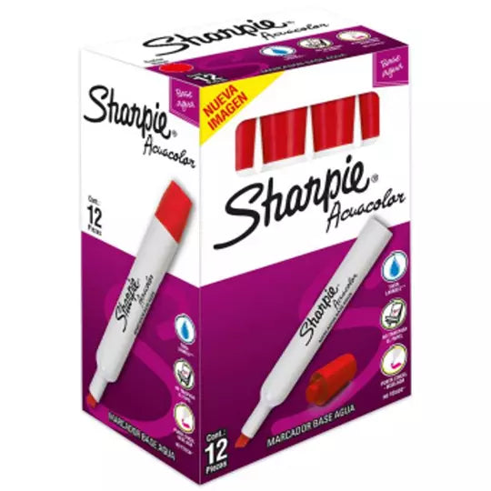 Sharpie acuacolor con 12 piezas color ro jo marcaodor base agua