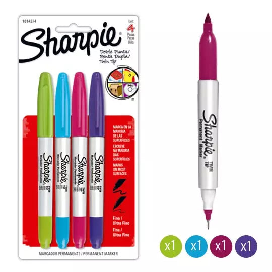 Marcador sharpie doble punta tarjeta con 4 piezas.