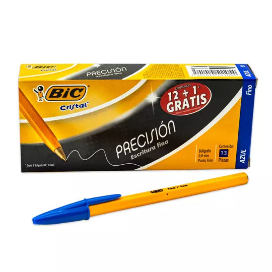 Bolígrafo BIC cristal azul punto fino 0. 8 mm caja con 12 piezas