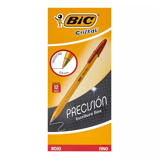 Bolígrafo BIC cristal rojo punto fino 0. 8 mm caja con 12 piezas