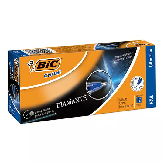 Bolígrafo BIC cristal diamante azul punt o ultra fino 0.7mm caja con 12 piezas