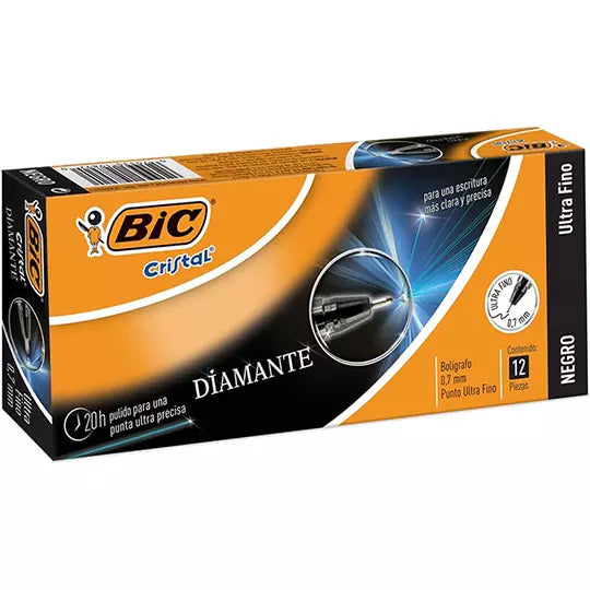 Bolígrafo BIC cristal diamante negro pun to ultra fino 0.7mm caja con 12 piezas