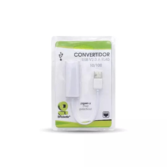 BROBOTIX CONVERTIDOR USB A RJ45 V2.0 COLOR BLANCO - Adaptador Tarjeta de Red Externa Fast Ethernet 10/100 UTP - 1 Conector USB Tipo A Macho a RJ45 Hembra - USB Version 2.0