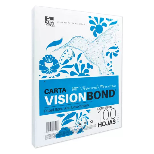 Paquete de papel bond Vision tamaño cart a 97% de blancura 75gr 100 hojas