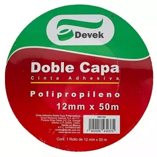 Cinta adhesiva doble cara polipropileno Devek 12 mm x 50 m.