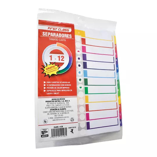 Separadores Dietrix tamaño carta del 1 a l 12 pestañas de color impreso el numero