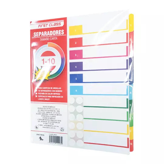 Separadores Dietrix tamaño carta del 1 a l 10 pestañas de color impreso el numero