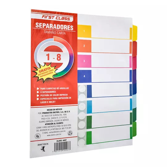 Separadores Dietrix tamaño carta del 1 a l 8 pestañas de color