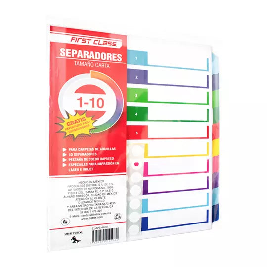 Separadores Dietrix tamaño carta del 1 a l 10 pestañas de color