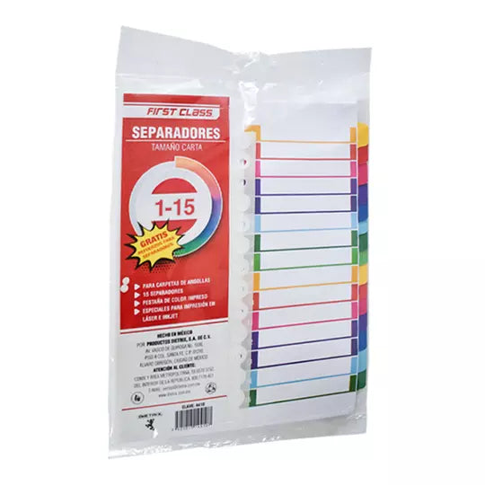 Separadores Dietrix tamaño carta del 1 a l 15 pestañas de color
