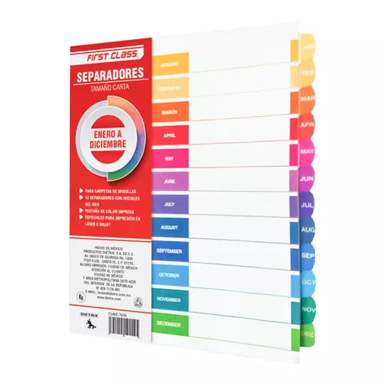 Separadores Dietrix tamaño carta de ener o a diciembre pestañas de color