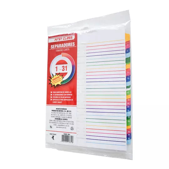 Separadores Dietrix tamaño carta del 1 a l 31 pestañas de color impreso el numero